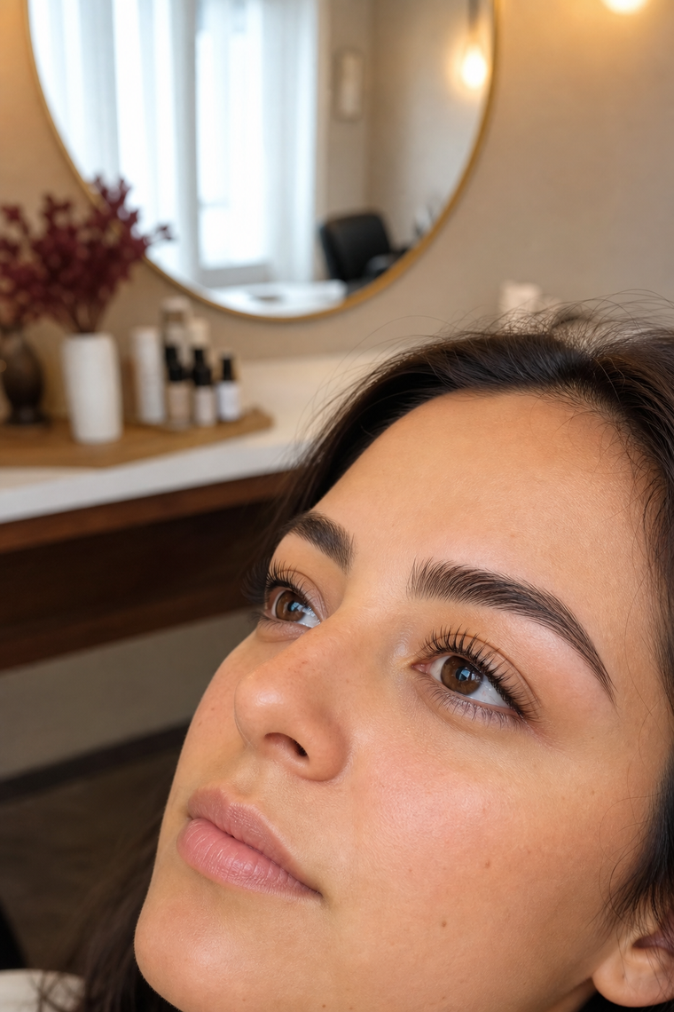 Detalle de cejas y pestañas con acabado natural en estudio